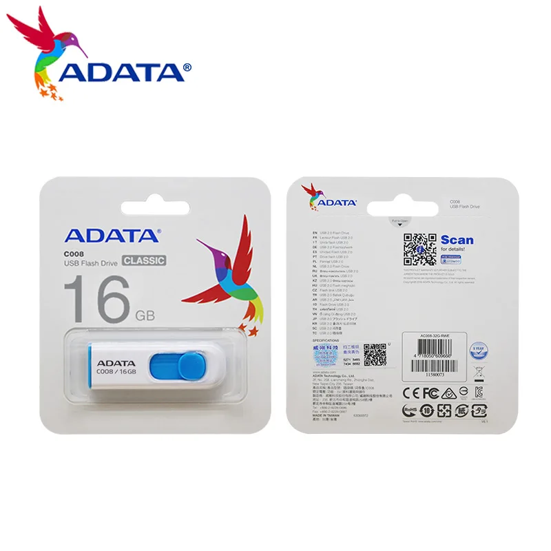 ADATA C008 USB putih kecepatan tinggi, flash drive usb 2.0 kecepatan tinggi 16GB 32GB 64GB untuk Desktop Laptop