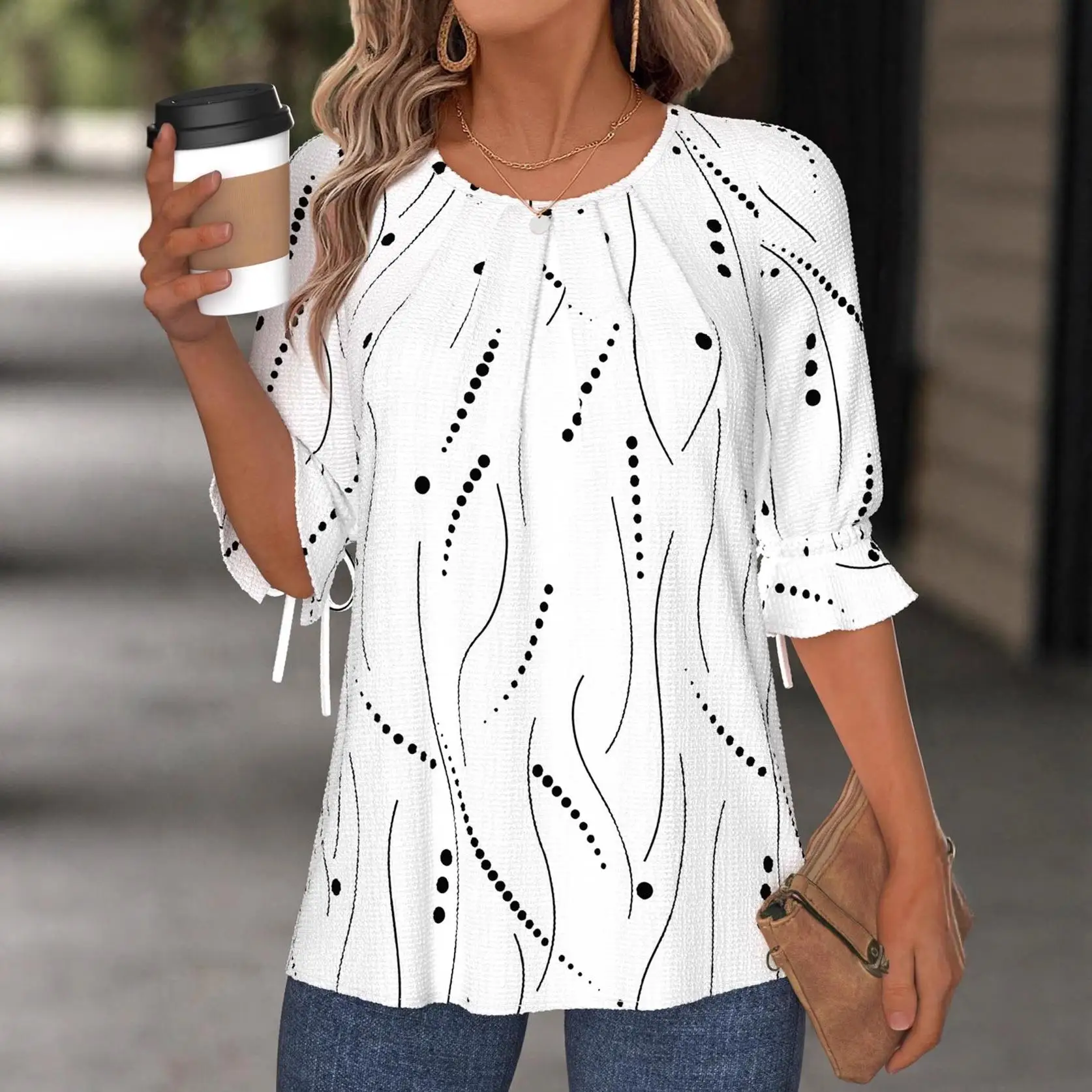 

Women's round Neck Mid-Sleeve Printed Shirt Geometric Pattern Lantern Sleeve Top Polyester Fabric Non-Shrinking Autumn Fashion