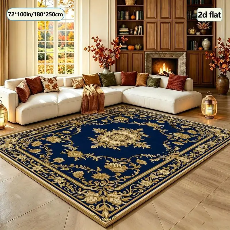 1 Piece of Luxurious and Elegant Navy Blue and Gold Floral Patterned Woven Carpet, Soft and Comfortable, Suitable for All Seasons, Lightweight and Easy to Maintain, Home Decor, Living Room, Bedroom, Dining Room, Autumn, Winter