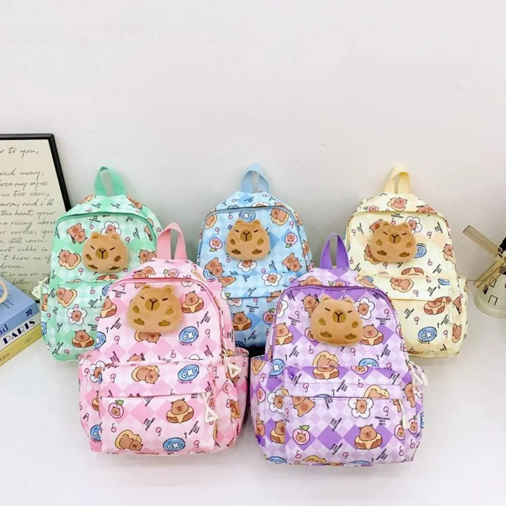 Mochila de capibara de dibujos animados Kawaii, mochila escolar de nailon de gran capacidad para guardería, mochila de viaje ligera y colorida para niños