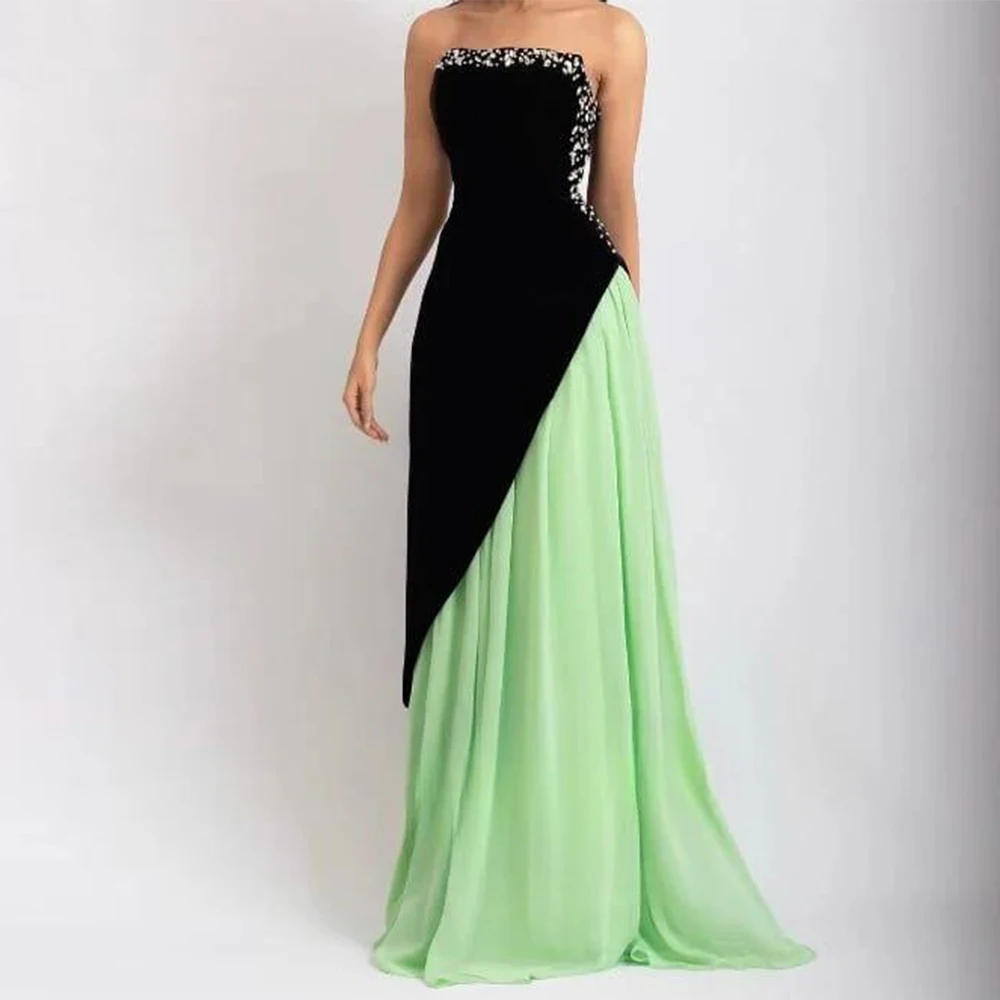 Customized Contrast Color Formal Evening Dress Jersey&Chiffon Black And Mint Ruched Evening Dress A-line Strapless Long Dresses
