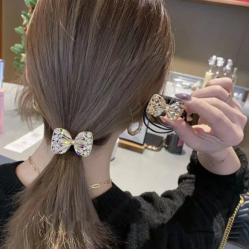 High-grade Korean Crystal Metal Bows High Elastic Hair Bands New Rope Tie Flash Diamond rubber Accessories for Women