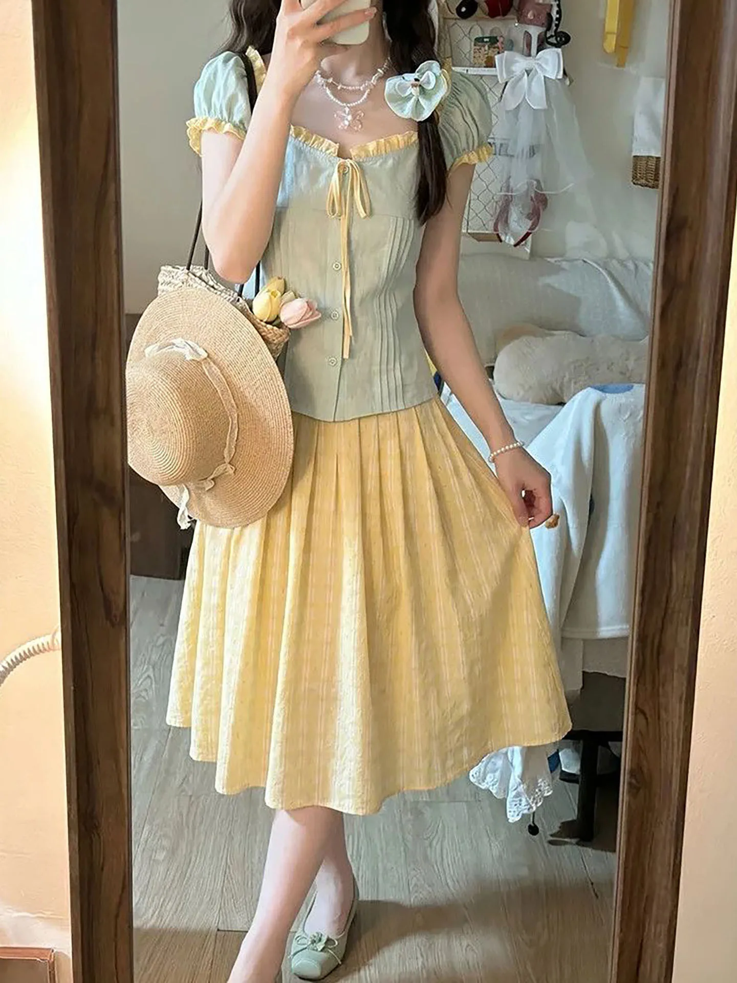 

Yellow Plaid Skirt And Shirt Set High Waist Contrast Color Design Summer Fashion Women's Clothing Two-Piece Suit