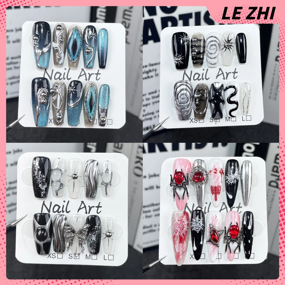 10Pcs Gothic Y2K Fake Nails Party Sticker Almond Wearable Cat Eye Nails Handmade Halloween Punk Metal Style Party Nail Sticker