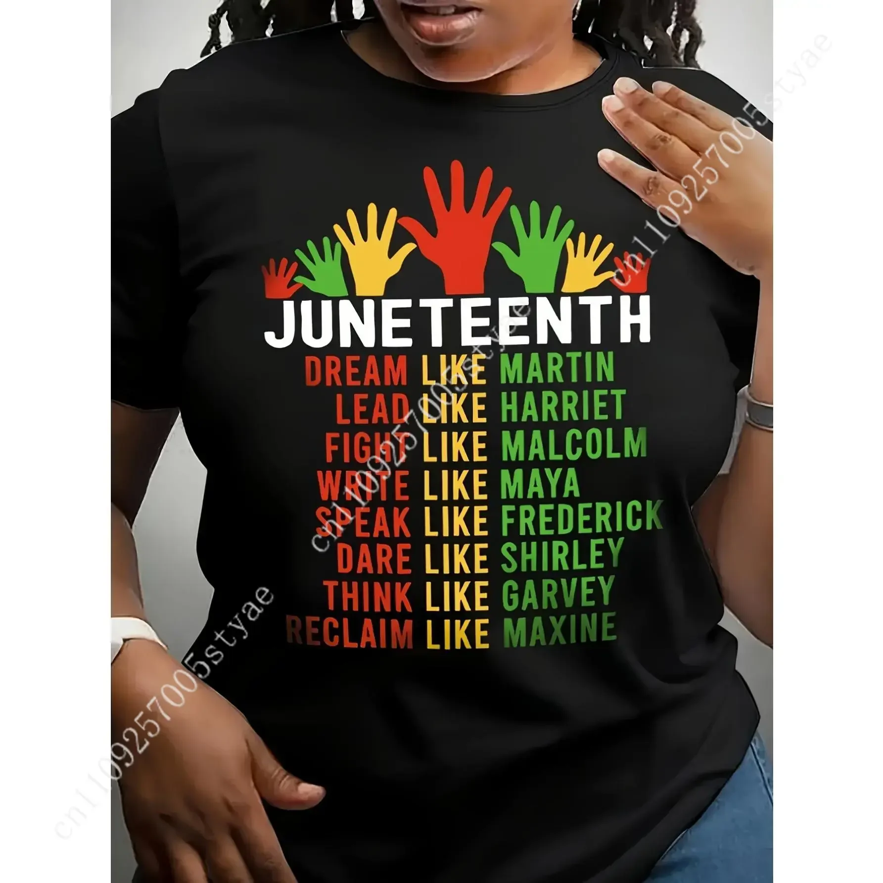 Women's & Men's Black Juneteenth T-Shirt - 100% Short Sleeve Crew Neck with African History Icons (Martin, Malcolm, Maya, Garvey