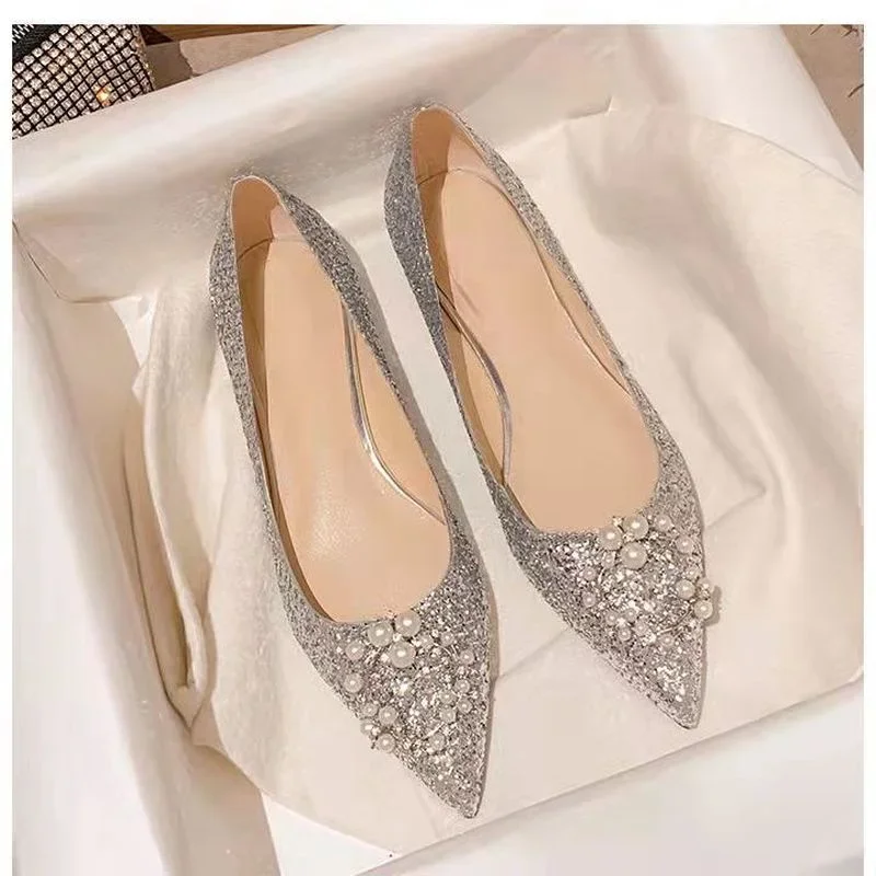 Zapatos de boda con perlas para mujer, zapatos planos con purpurina dorada/plateada de lujo 33-44, zapatos de novia de talla grande con punta estrecha, zapatos Premium para mujer