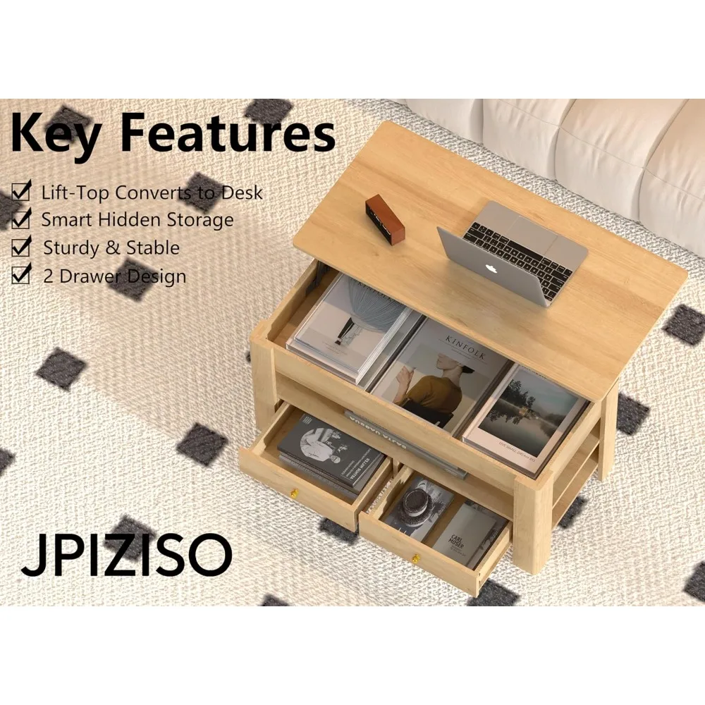 44 طاولة قهوة قابلة للرفع مع حجرة تخزين مخفية ودرجين، طاولة واسعة قابلة للتحويل، سطح رفع هيدروليكي بدون جهد، #6