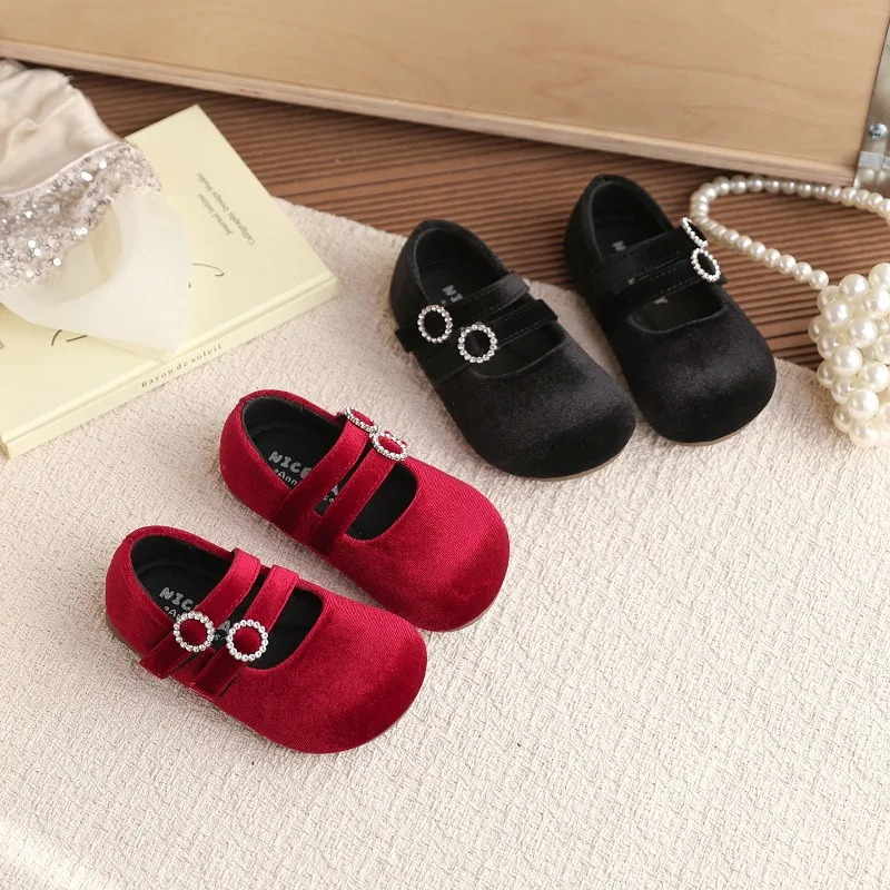 

Детские туфли Мэри Джейн из вельвета с пряжкой со стразами, красные и черные, для девочек, праздничные, для малышей