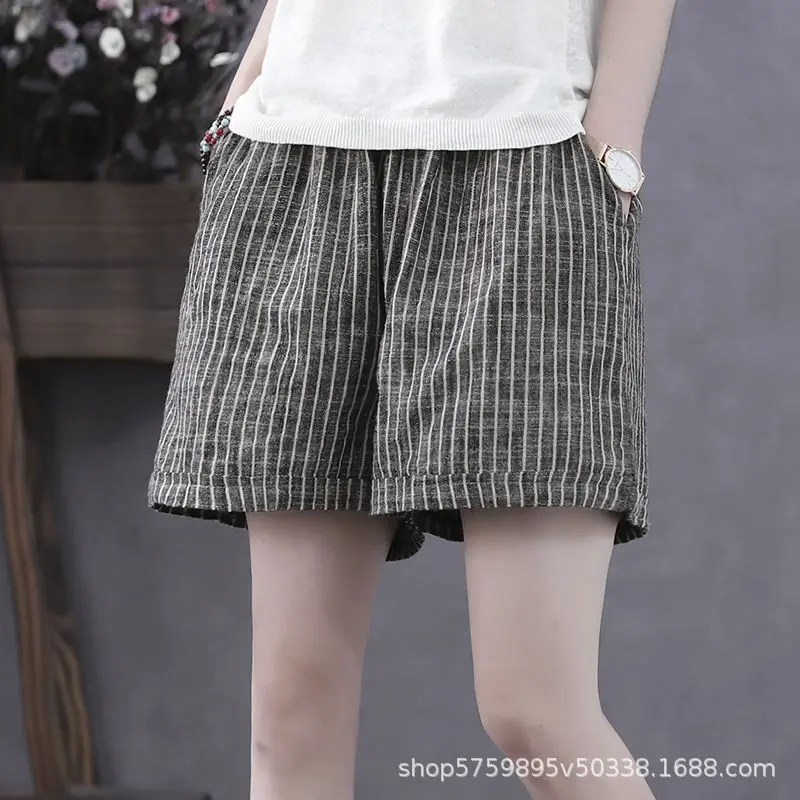 

Summer New Arrival Simple and Fashionable Comfortable Cotton Linen Retro Black and White Striped Women's Plus Size Loose Shorts