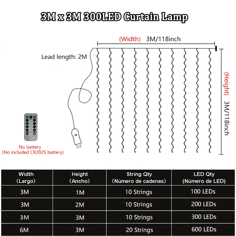 วันหยุด LED Curtain String Light USB ขับเคลื่อน 8 โหมดคริสต์มาสปีใหม่ไฟงานแต่งงานวันเกิดตกแต่งห้องความงาม