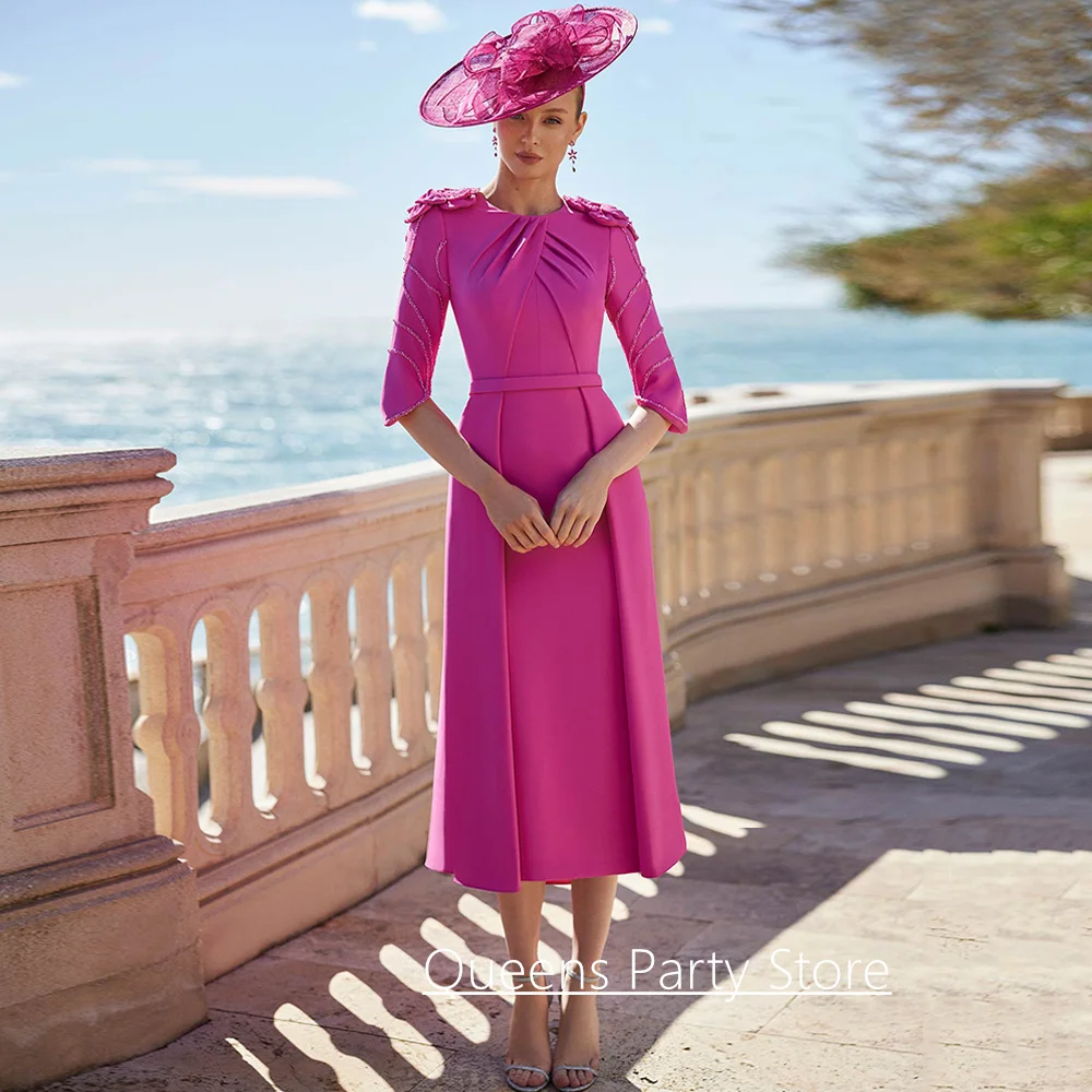 

3/4 Sleeves O Neck Mother of The Bride Dress Customized Beading Pearls Pleat A Line Tea Length Wedding Guest Party Gown