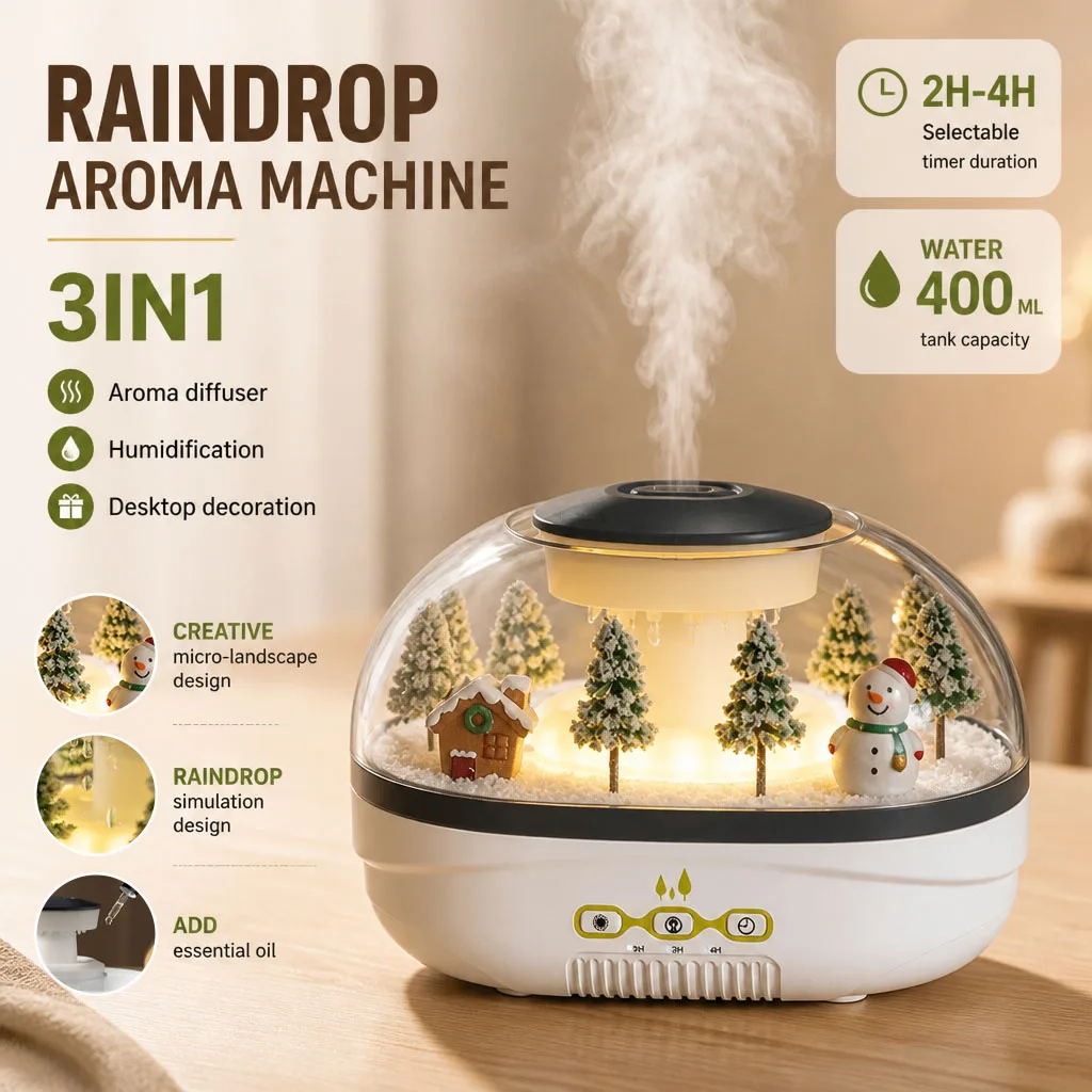 Raindrop Aroma Humidifier, 400ml, 2H/4H Timer, Warm Light, Essential Oil Diffuser, Quiet, Christmas Miniature Landscape Decor