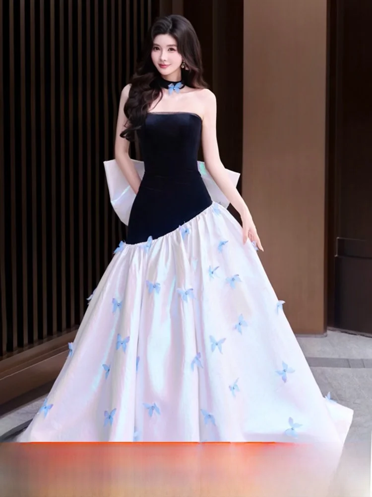 

Elegant Long Evening Gown with Sash Adult Ceremony Hostess Dress Bridesmaid Wedding Dress with Bow Tie Sleeveless Evening Gown