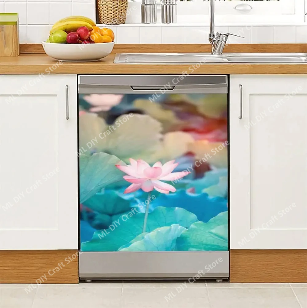 Lotus Flower Dishwasher Sticker Decor Door Cover,White and Gold Floral Picture Sticker Decal Refrigerator Magnets for Adults