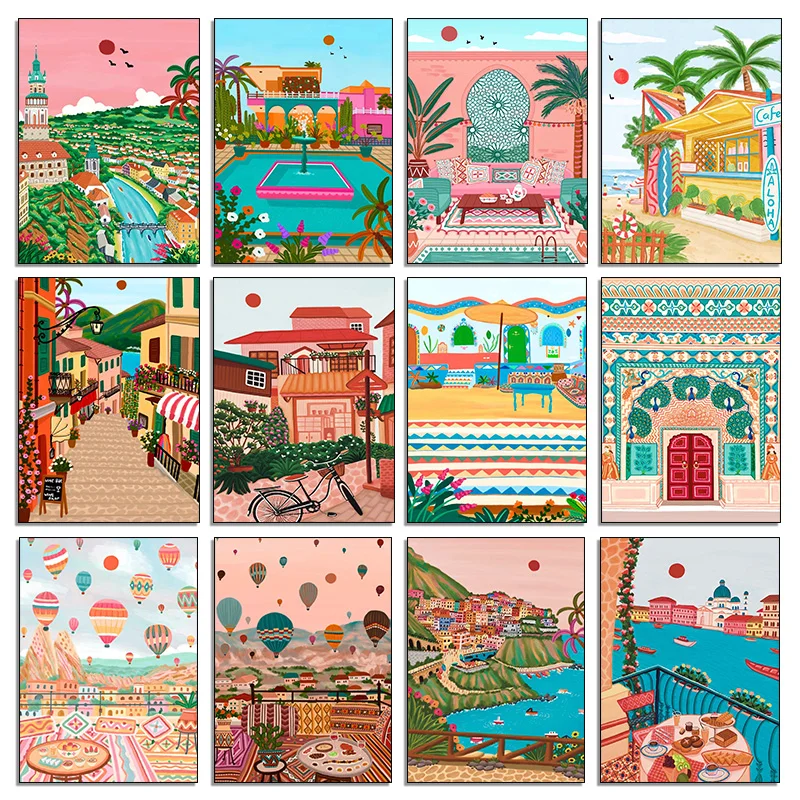 Resin Art India - ภาพวาดเพชรตกแต่งผนังลายทิวทัศน์เมือง โปสเตอร์ท่องเที่ยว นอร์ดิก โมร็อกโก มาร์ราเกช คาปปัดเซีย