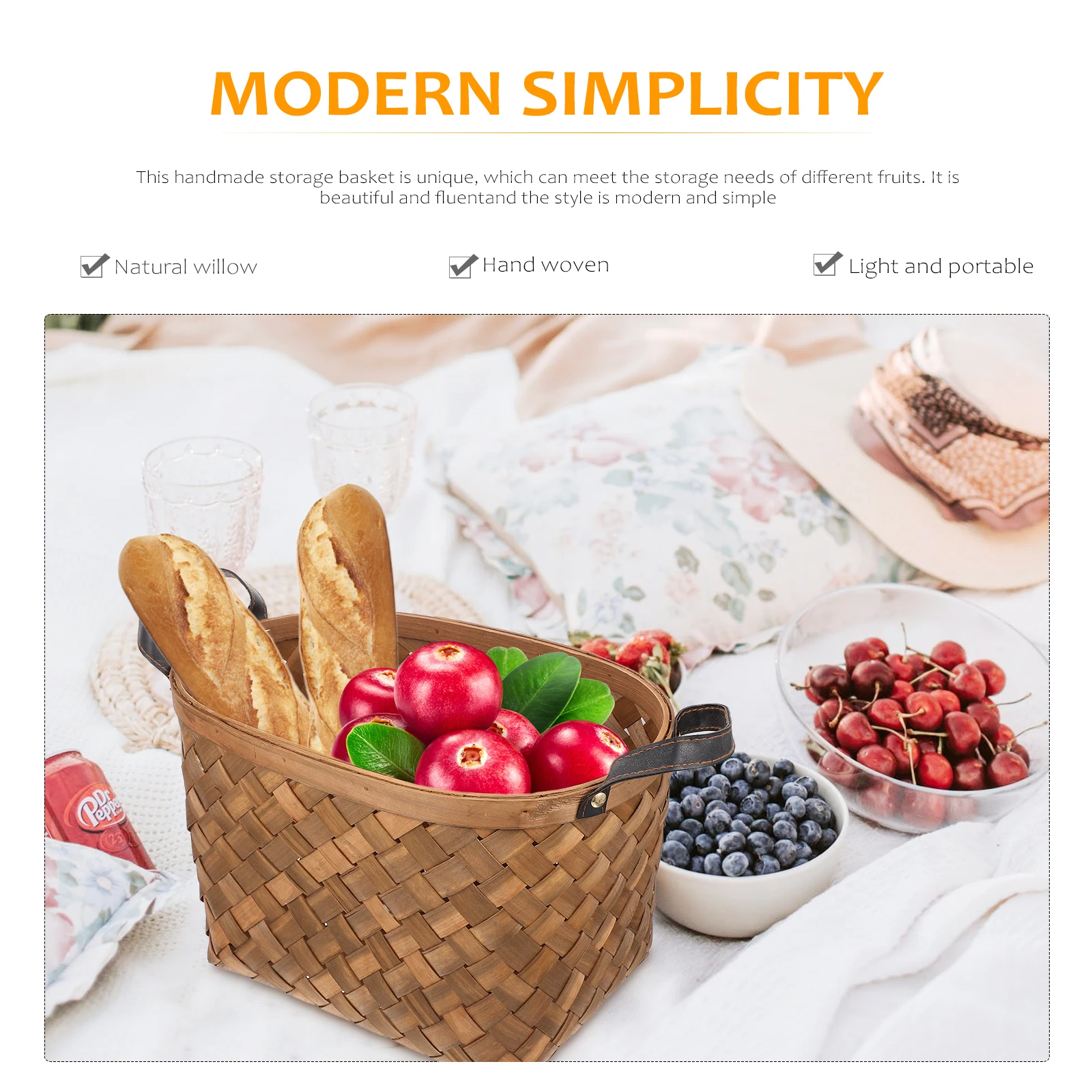 

Portable Handmade Woven Baskets Storage Basket Shelves Decor Natural Picnic Sundries Basket Large Capacity Plant Stand Kitchen