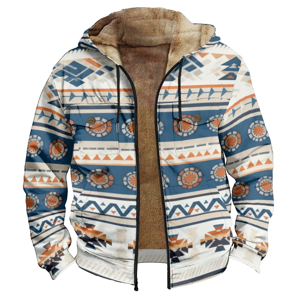 Boho Geometric Print Men Winter Hooded Jacket Fleece Lined Warm Coats Zip Up Aztec Tribal Casual Outerwear for Cold Weather
