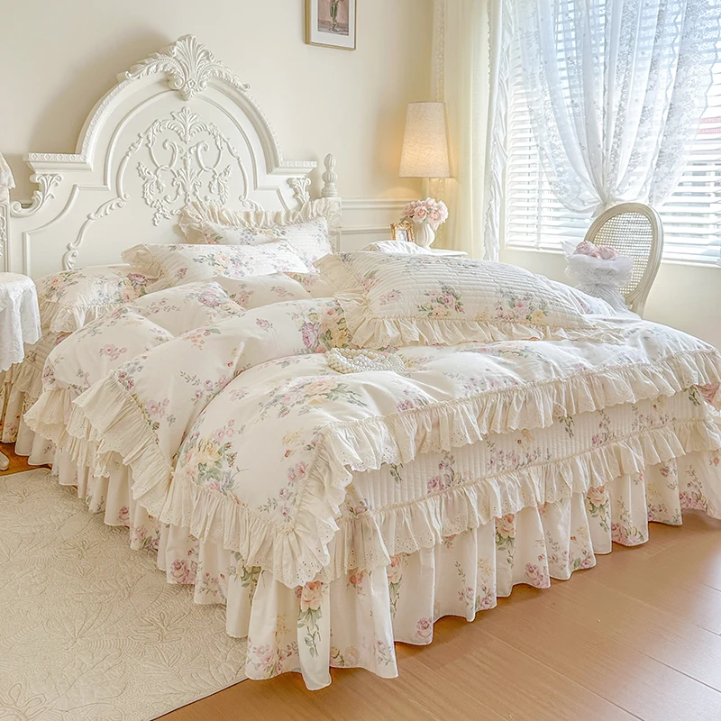 100% Cotton Vintage French Country Floral Bedding Set Lace Ruffles Duvet Cover Set Quilted Bedspread Bed Skirt Pillowcase 4/6Pcs