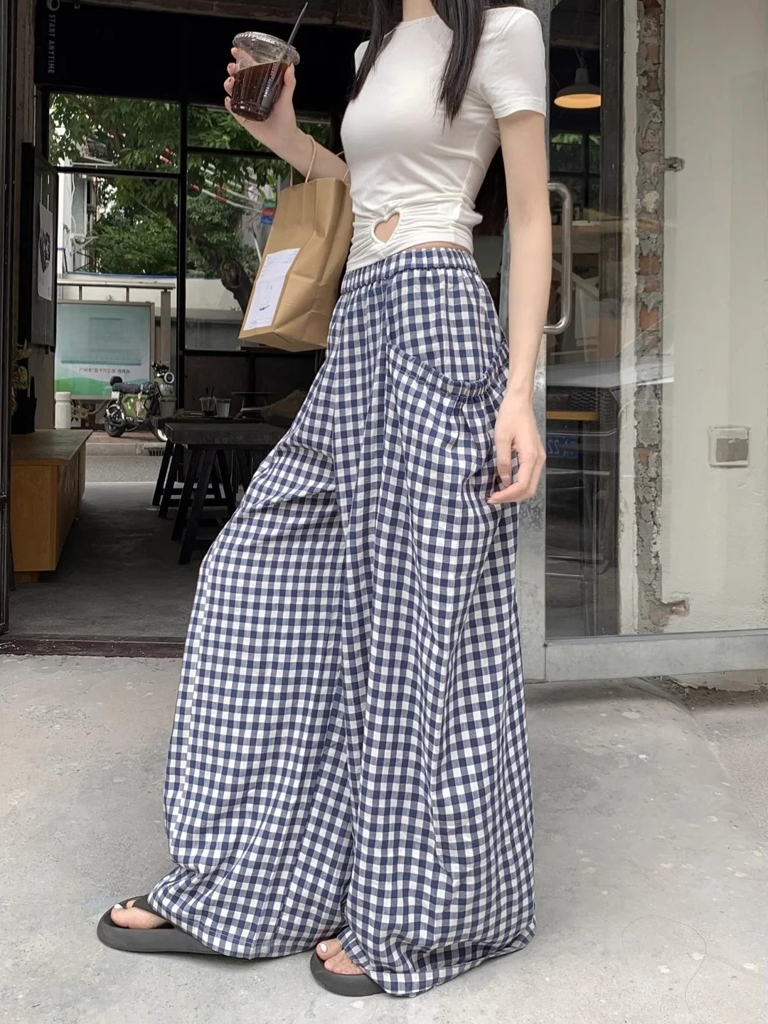 

Trendy Summer Thin Checkered Casual Pants Women's Drapey Wide Leg Blue Floor-Length Pants High Waist Straight Commute Style
