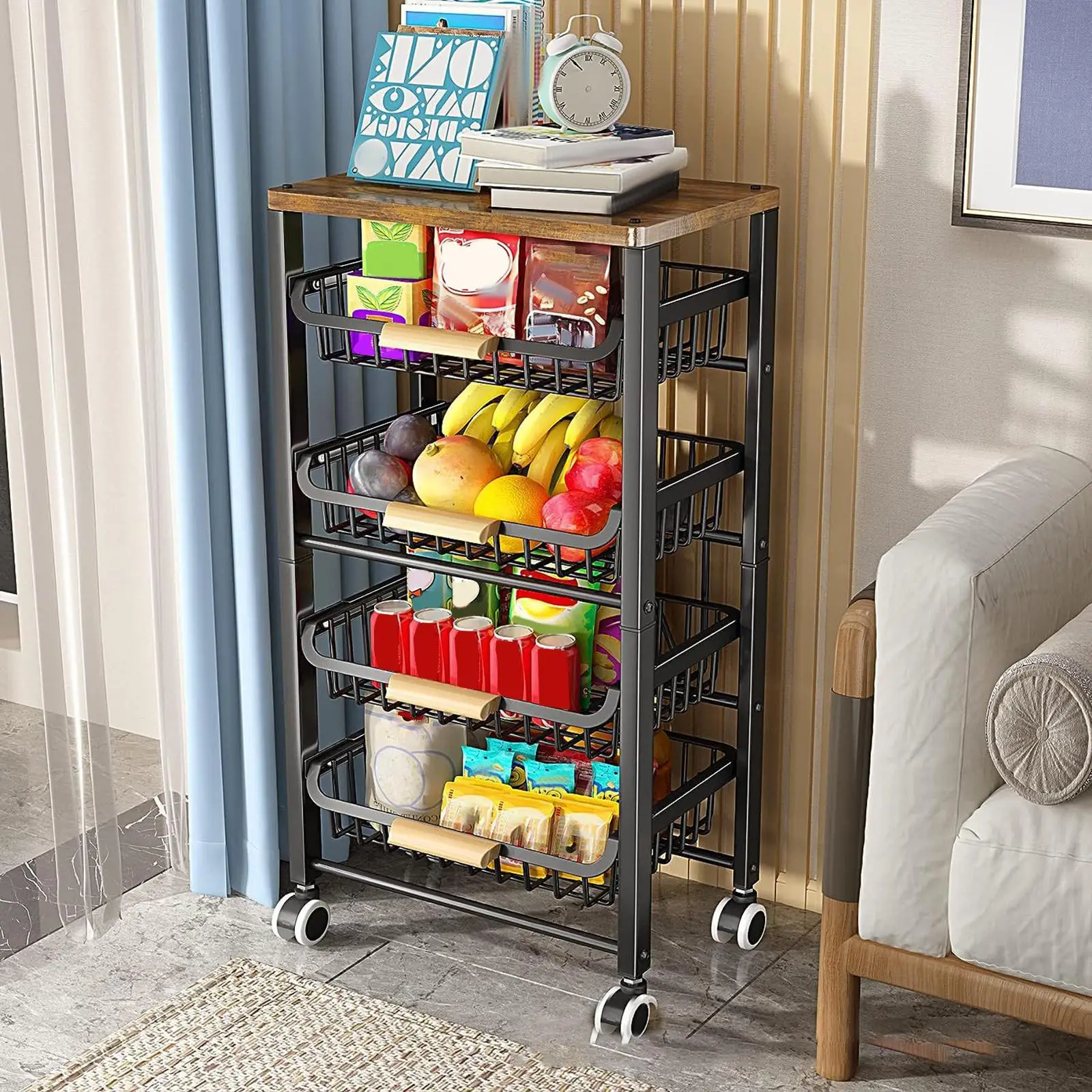 5 Tier Rolling Utility Cart with Drawer Mesh Baskets Black Storage Organizer for Cabinet Classroom Laundry Room Home Trolley