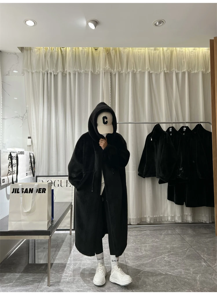 Lautaro Winter Long Oversized Warm Thick Blue White Fluffy Faux Fur Coat Women with Hood 2022 Loose Casual Korean Style Fashion