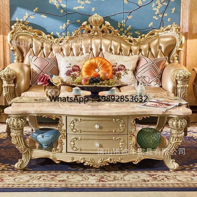 LYY Living Room Villa Luxurious Champagne Gold Crown Solid Wood Carved Tea Table Marble
