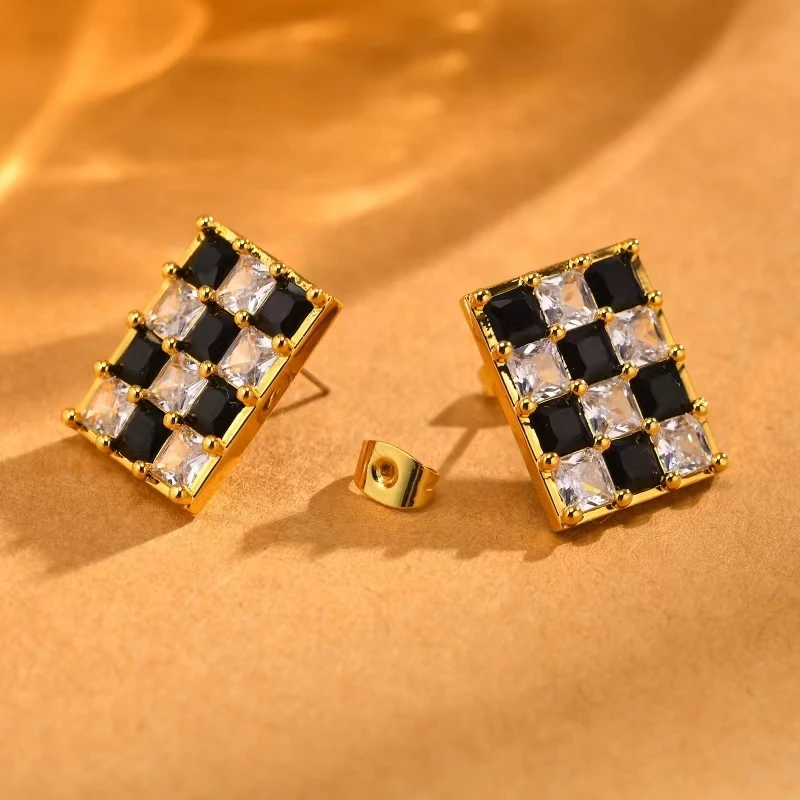 Women Trendy CZ Stone Streetwear Black White Chekerboard Stud Earrings, Dainty Geometric Square Cubic Zirconia Ear Jewelry S925