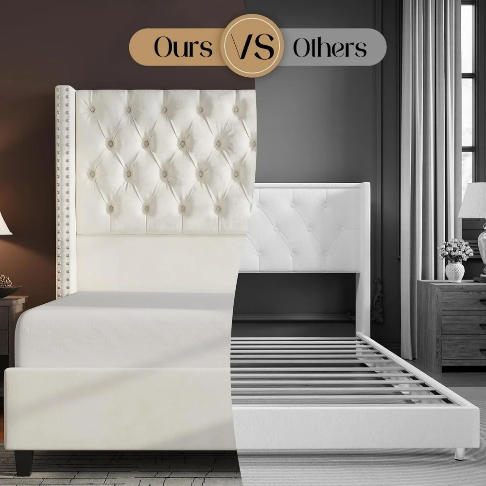 Queen Bed Frame with Tall Headboard Wingback Platform Bed Tufted Deep Button Velvet, No Box Spring Needed, Bed Frame