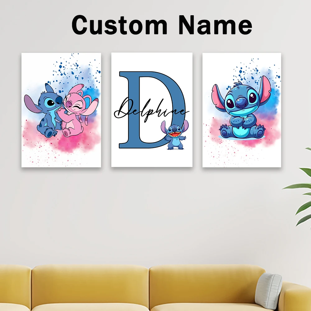 شخصية غرزة اسم ملصق جدار الفن لغرفة الاطفال 3 قطع مخصص غرزة الحضانة جدار الفن طباعة قماش اللوحة هدايا الاطفال