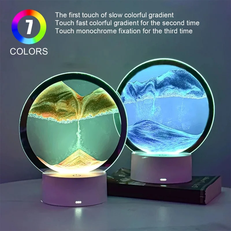 LED RGB Sandscape Lamp，Moving Sand Art Night Light with 7 Colors Hourglass Light 3D Deep Sea Display Decoration Christmas Gift