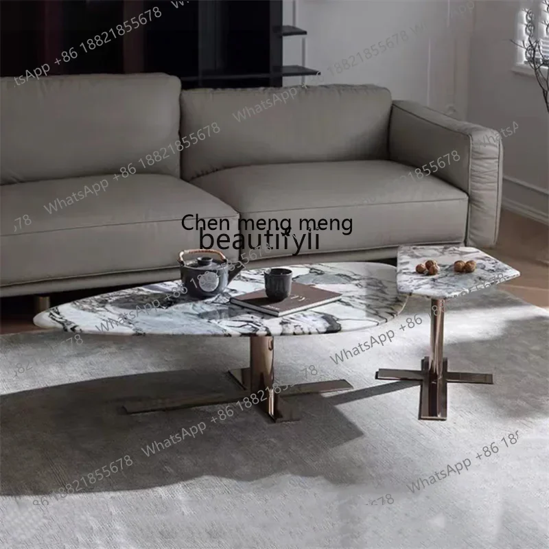 ss7486 Natural Marble Luxury Stone Polygon Minimalist Modern Light Luxury Side Table Italian Living Room Corner Table Stainless