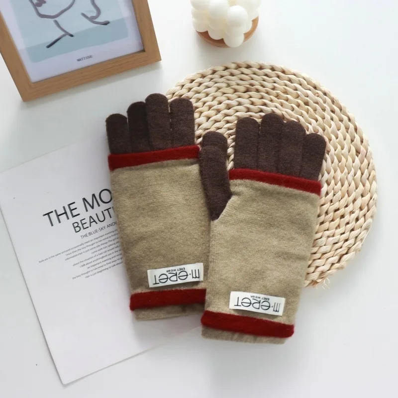 Thickened Leaky Finger Korean Style Ladies Dual-Use Color Matching Knitted Fashion Touch Screen Finger Knitting Wool Gloves