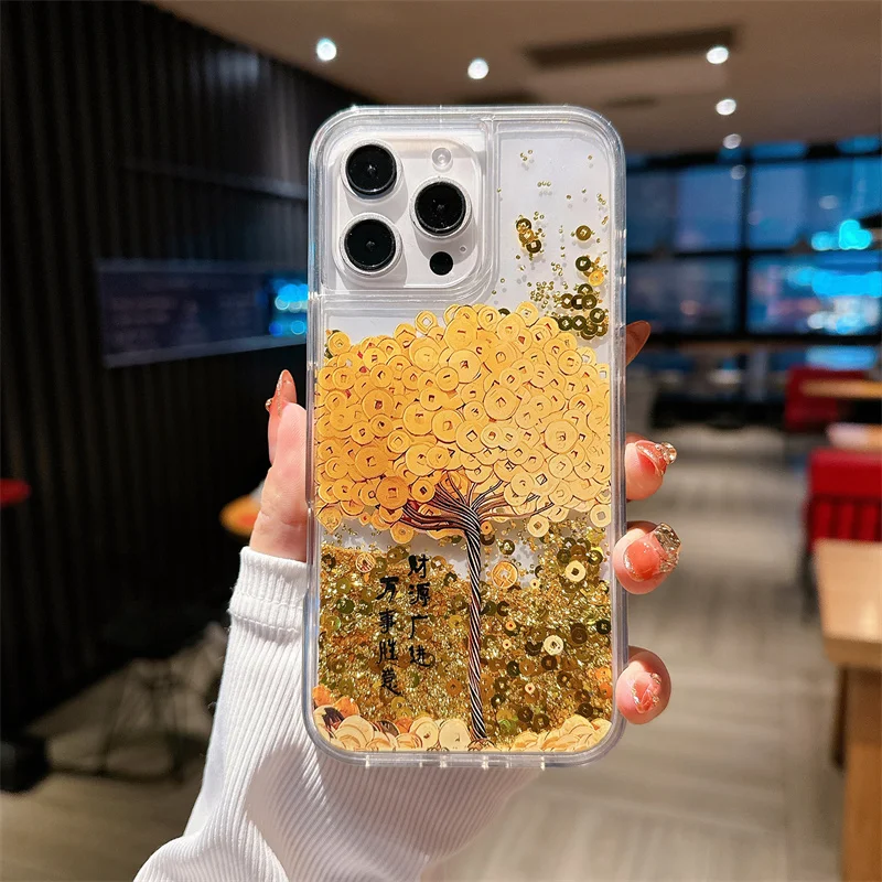 Gold Icons Quicksand Cover 16 Pro Max Case for iPhone 15 14 Money Tree Brilliant Moving Sand Dynamic Liquid Clear Hard Carcasas