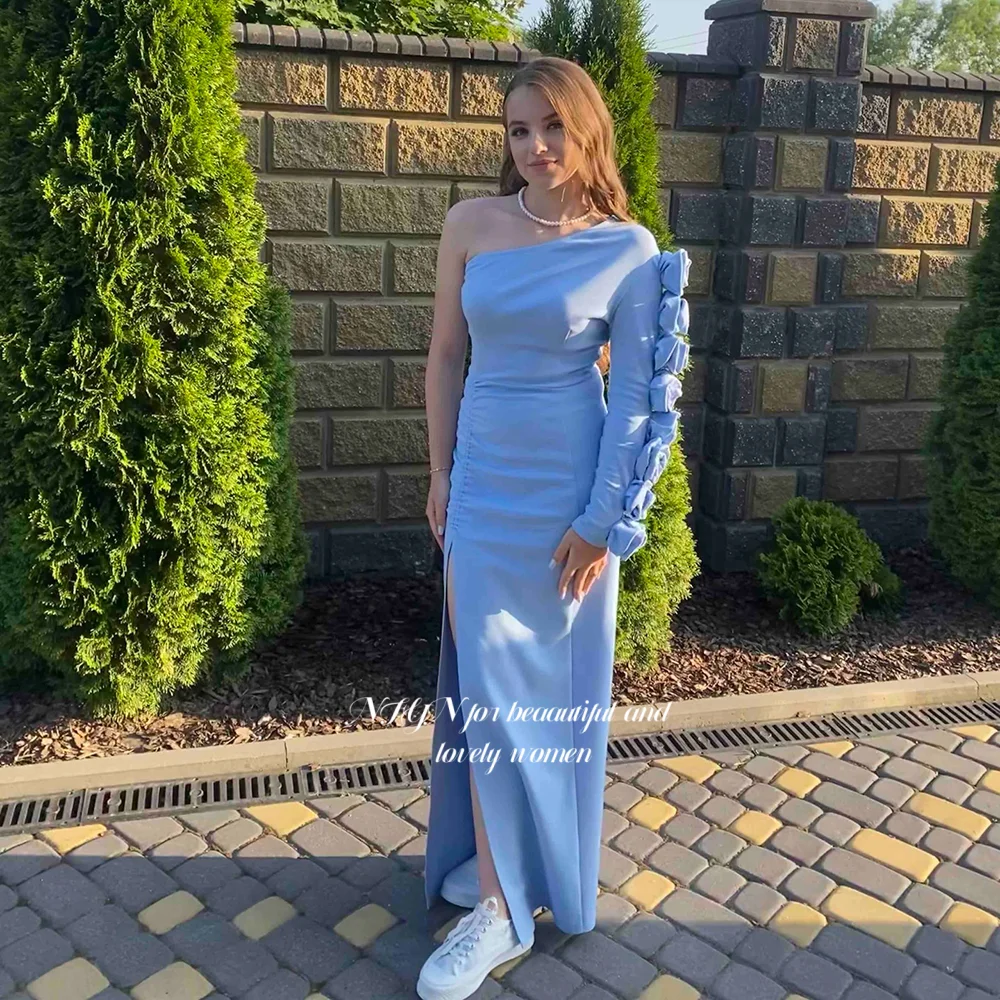 

NFYN Blue Prom Dress 3D Flowers Dresses One Shoulder Evening Dress Crepe Celebrity Gala Dress 프롬 드레스 Customized