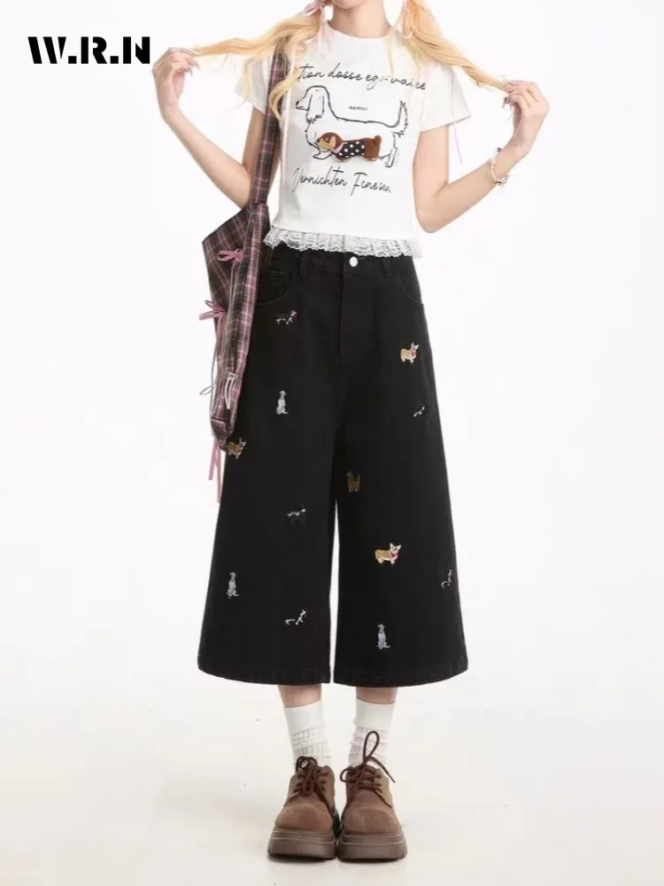 Pantalones vaqueros informales con apliques de dibujos animados para mujer, pantalones vaqueros holgados Harajuku Emo, longitud hasta la pantorrilla sólida de verano 2025, pantalones azules Y2K 2000s