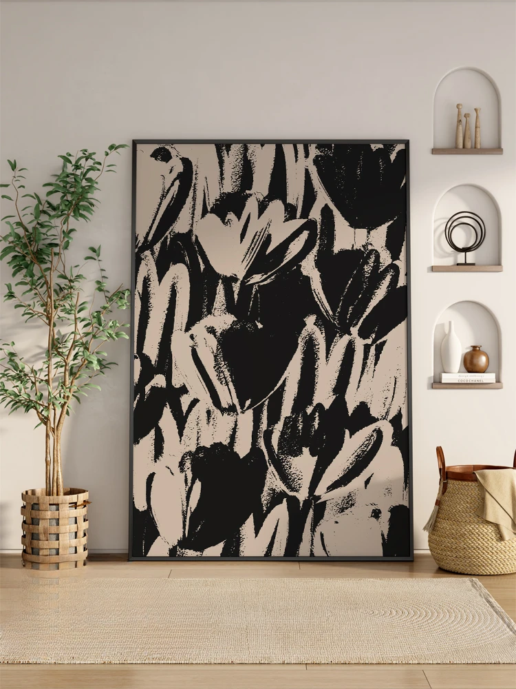 Abstract plant and flower living room decoration painting modern light luxury black entrance foyer hanging painting bedroom