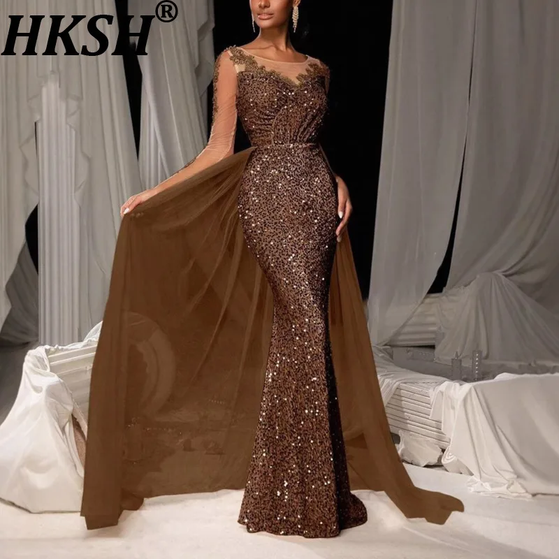 

HKSH Women Gown Dress Long Sleeve Sequins Patchwork Mesh Elegant Temperament Trendy Banquet Evening Floor-length Dresses HK10233