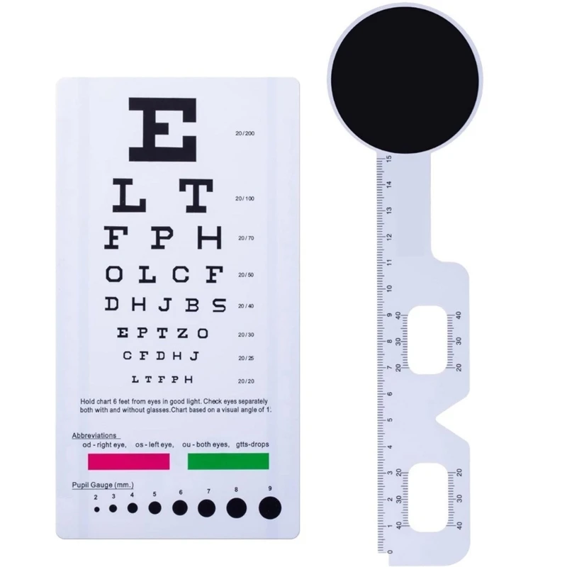 Double Side Eye Chart for Visual Acuity Exam Pocket Eye Chart PD Ruler Eye Occluder(14Inch from Viewer)