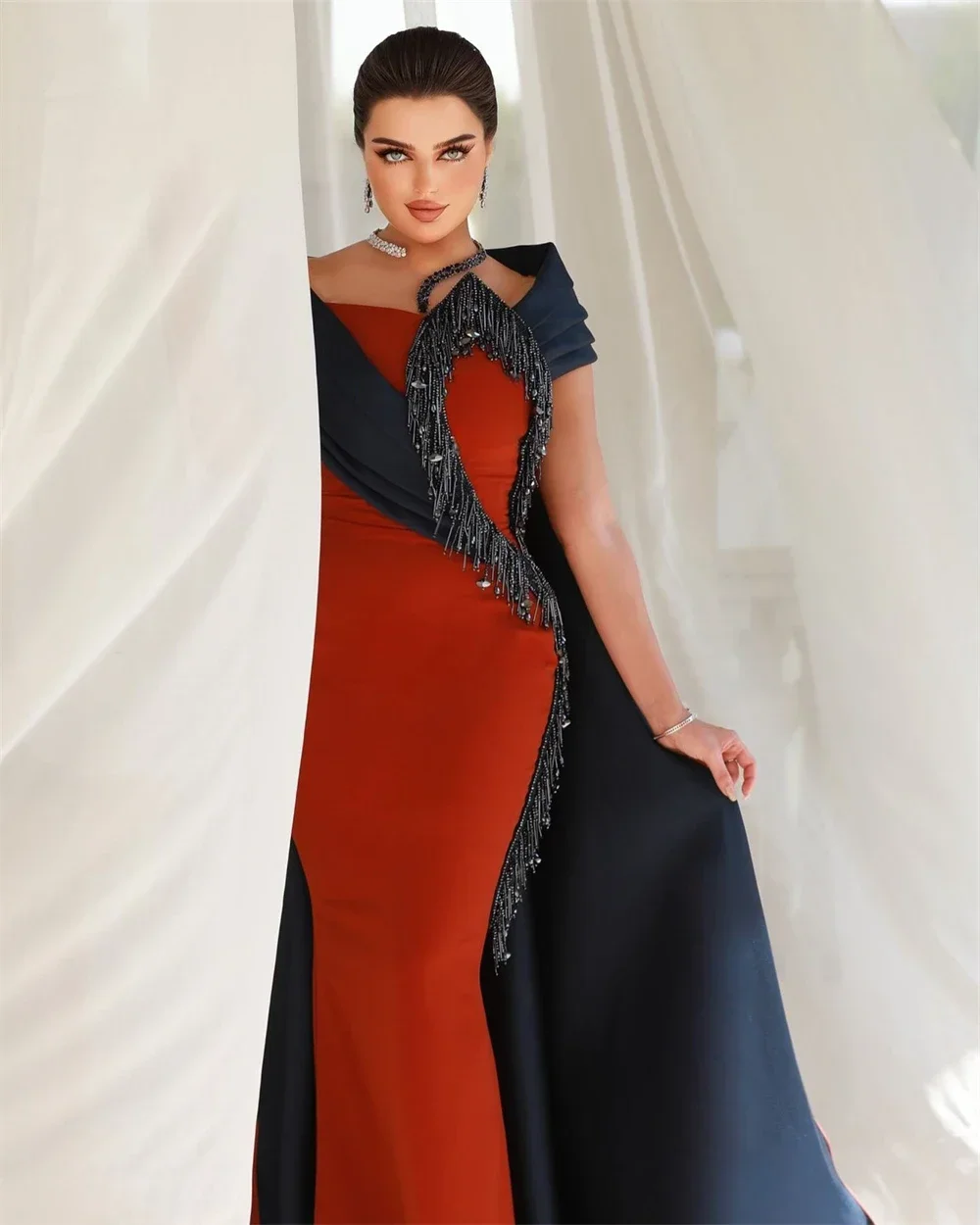 Customized Saudi Arabia Formal Evening Gown Irregular Collar Column Floor Length Tassel Skirts Vertically Bespoke Occasion Dress