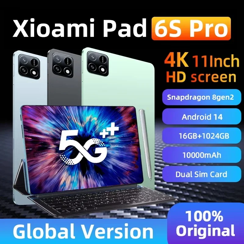 2025 Original Tablet Android 14 Pad 6S Pro Snapdragon 8 gen 2 Pad 16GB 22GB 1TB 2TB 5G WIFI Dual card 20000mAh 4K HD Tablet pc