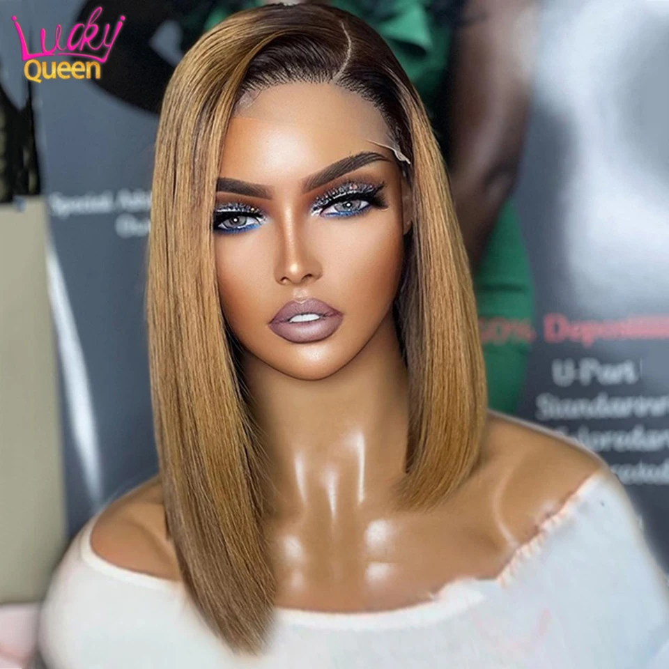 180 Density Omber Brown With Blonde Short Straight Bob Wig 13X4 Lace Frontal Human Hair Wigs Transaprent Lace Pre Plucked