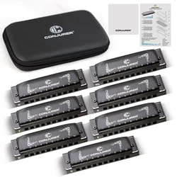 Conjurer 10 hole blues harmonica set of 7 keys with case for beginner professional adults