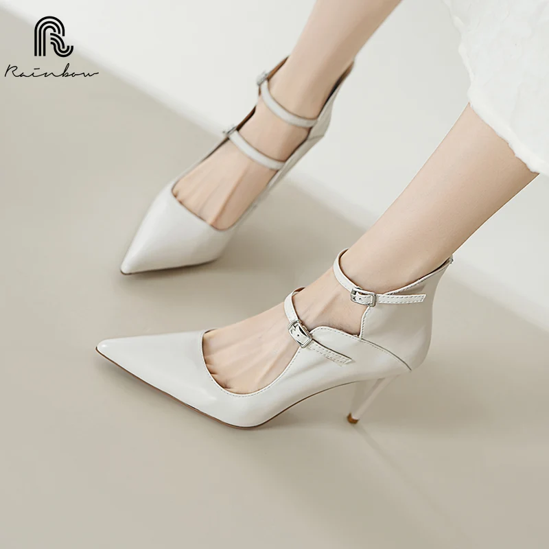 RAINBOW 33-40 NEW Genuine Leather high-end Women's Sexy Black Suede Pointed Toe Straps Cross Stiletto Heel Dress Shoes Wedding