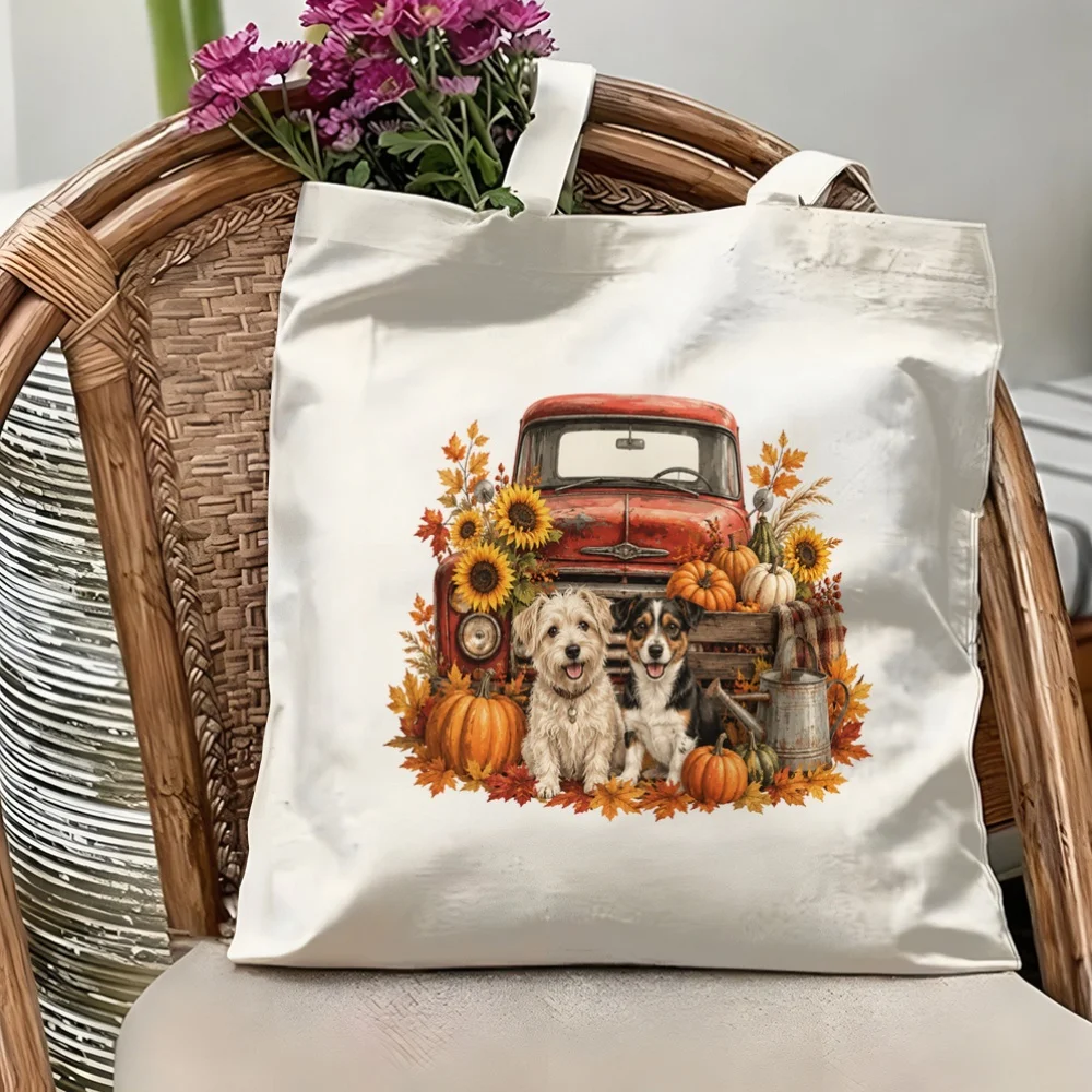 Xmas Tree Retriever Puppies Pattern Canvas Tote Bag Winter Holiday Gift Shopping Shopper Premium Outdoor Pouch