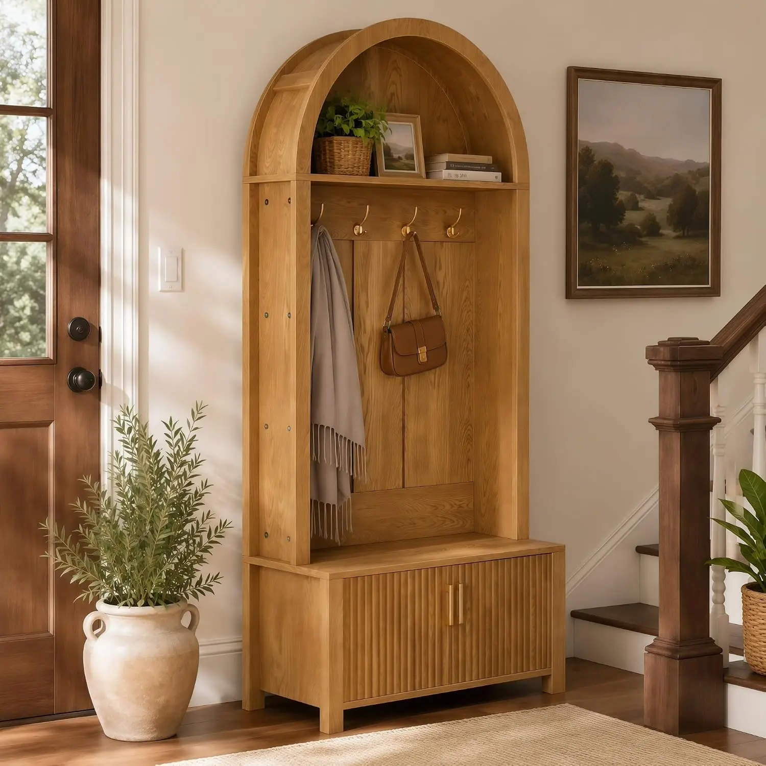 Arched Top Hall Tree with 4 Metal Hooks and 2 Fluted Doors, 70.3