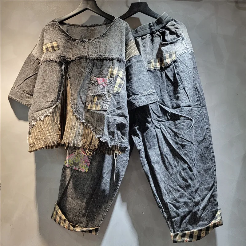 WTHT Vintage Fashion Women's Irregular Patchwork Denim Short Sleeve T-shirt Elastic Waist Harem Pants Female 2025 Summer 1LS1993