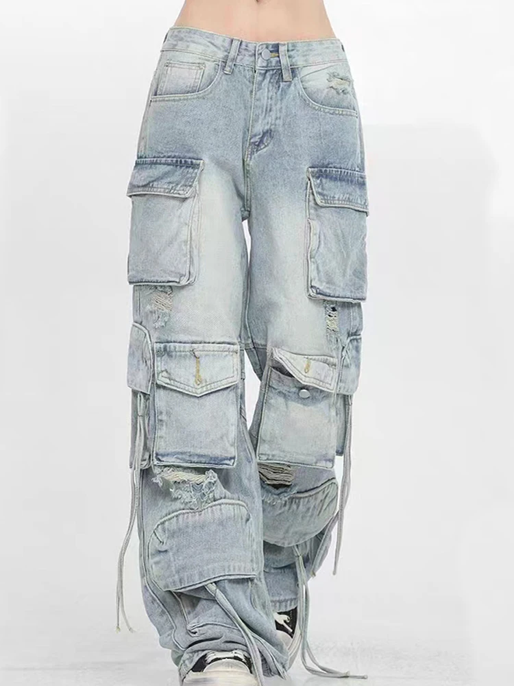 Imagem -03 - Houzhou-jeans Y2k Cargo Feminino Calças Jeans Roupas de Rua Vintage Femininas Grandes Dimensões Soltas Hip Hop Jeans Rasgado de Bolso Múltiplo