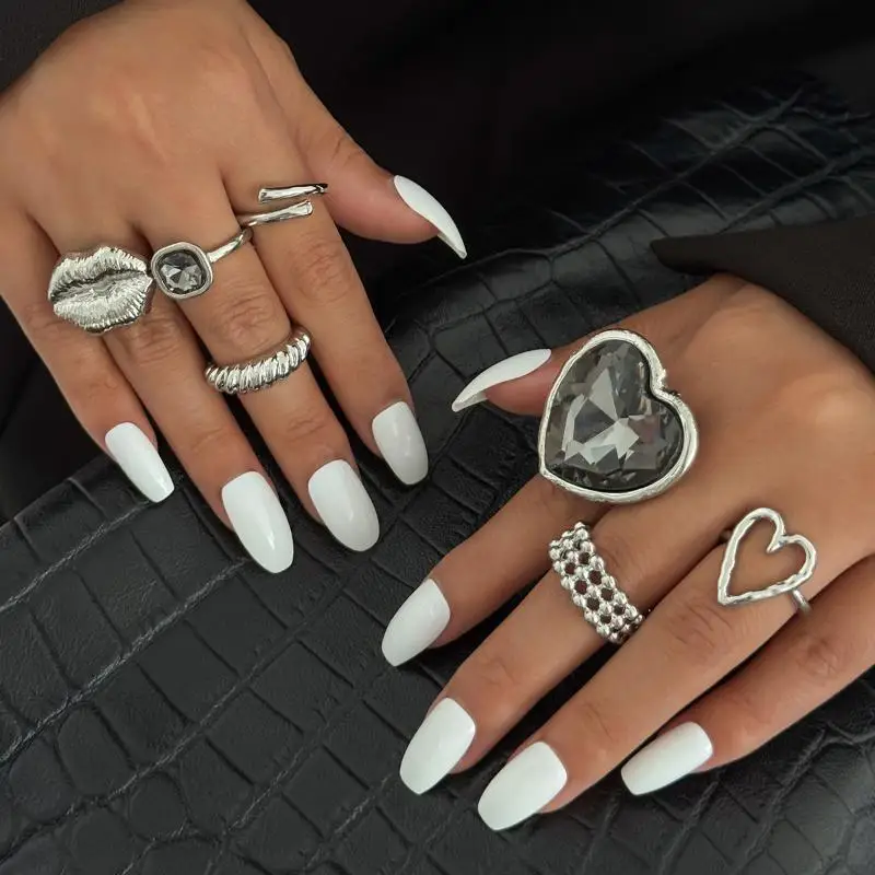 7 قطعة/المجموعة الفاخرة مزاجه هندسية المعادن مربع القلب الاكريليك الماس افتتاح خواتم للنساء الأزياء والمجوهرات والاكسسوارات #2