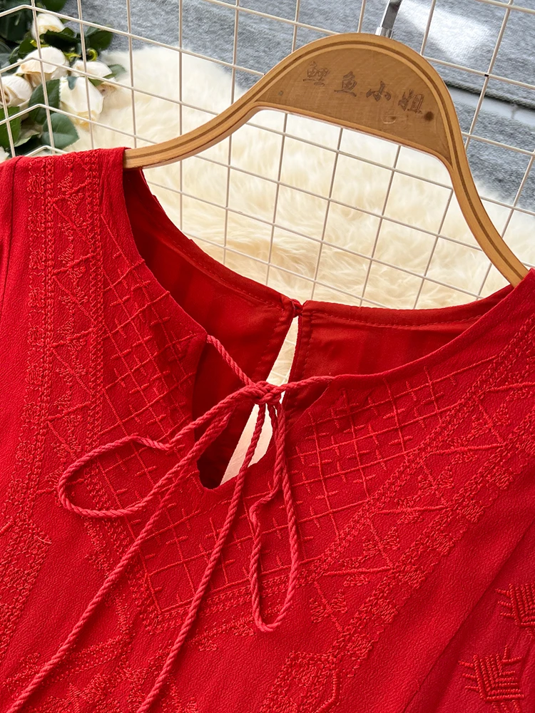 Spring Autumn Women\'s Bohemian Embroidery Dress New Vacation  Red White Lace Up V-Neck Lantern Sleeve Loose Dress D76
