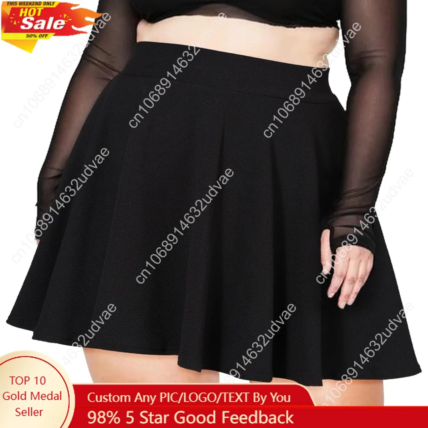 Moon Wood Women's Plus Size Mini Skater Skirt- Basic Versatile High Waisted Flared Casual Stretchy Skirts